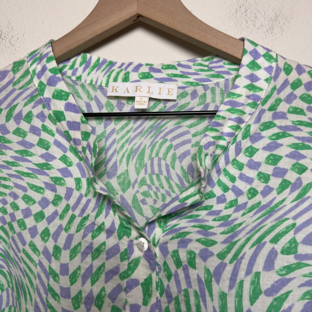 Karlie Women Cotton Too Small Green Geometric Balloon Sleeve Cottage Preppy - Picture 3 of 8